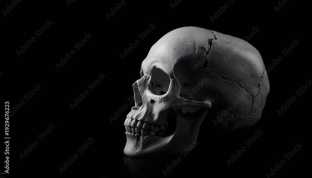 Fototapeta premium A human skull with cracks and fractures on a dark background