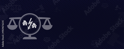 Real Estate Dispute and Housing Law Concept with House Icons and Lightning Bolt on Scales of Justice Vektor Background with Copy Space