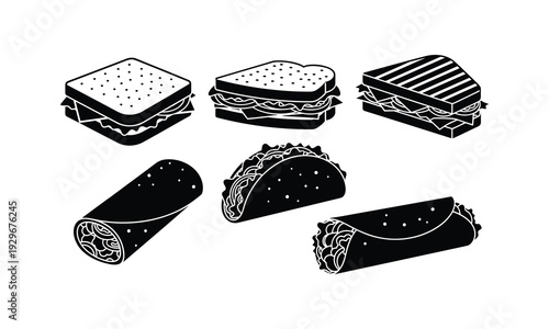 Black and white illustration of various fast food items and sandwiches