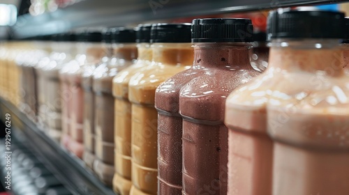 A photo of protein shakes in gym bottles.