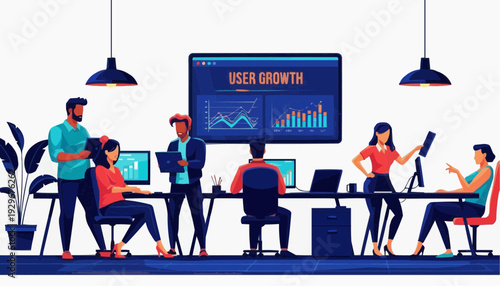 Team analyzing user growth metrics in modern office setting