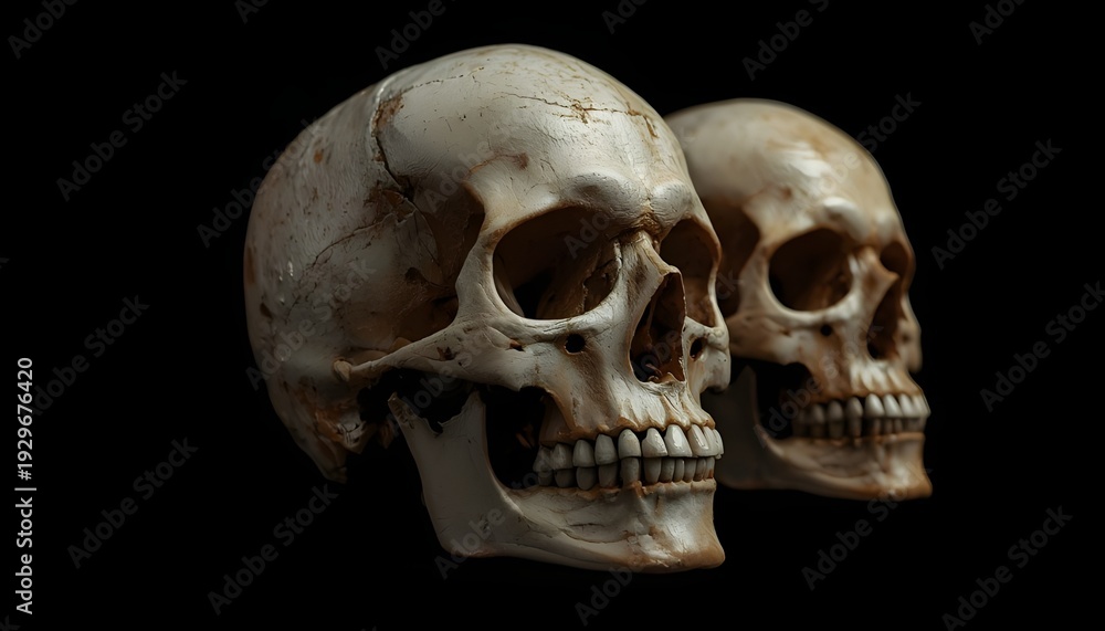Obraz premium Two human skulls facing right on a black background, symbolizing mortality and the human condition.