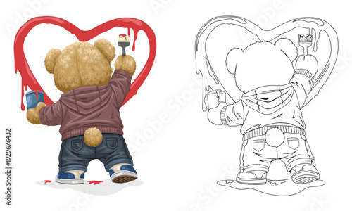 Teddy bear artist painting a red heart with brush.