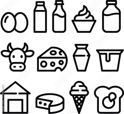Dairy products and farm elements depicted in a simple line art style
