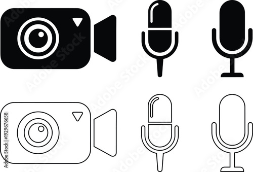 Collection of camera and microphone icons for recording and broadcasting