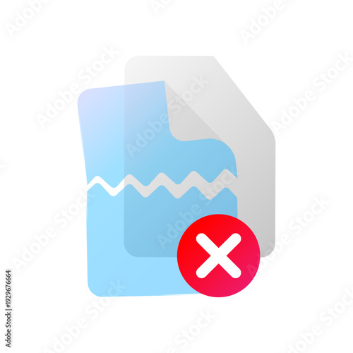 Modern vector illustration of torn document with cross mark. rejected file, invalid document, canceled application, failed submission, or error notification. for UI design, web interface or mobile app