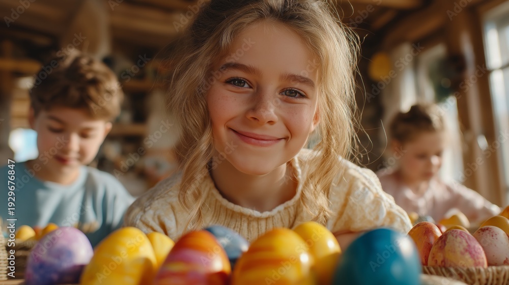 Fototapeta premium A young girl is smiling and holding a basket of Easter eggs