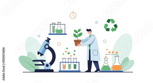 Scientist Cultivating Plants in Lab: Green Biotechnology & Environmental Research Illustration