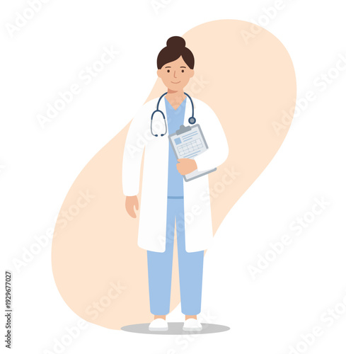 Female Doctor full pose landing page Online doctor concept. Expert advice via your mobile phone. Flat vector illustration.