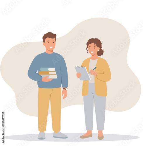 Couple of students with books and school bags. Smiling teenage boy and girl, classmates, friends, college student characters. Education. stock illustration