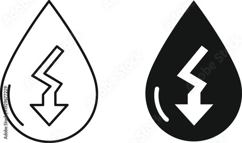 Water Droplet Icon Set Featuring Downward Jagged Arrows Depicted in Black Vector Style Representing Conservation, Reduction, and Environmental Concepts