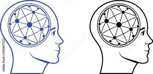Neural Network Brain in Human Head Silhouette Icon