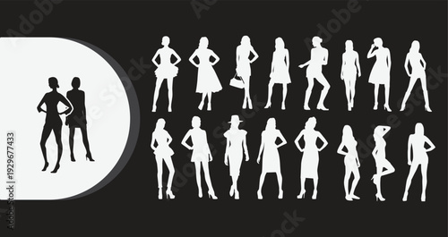 Collection of diverse female silhouettes in various poses and outfits