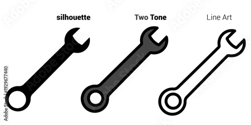 Professional Wrench Icon Set in Three Styles: Silhouette, Line Art, and Two-Tone.