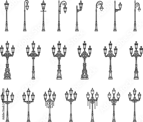 Vintage victorian street lamp collection set, antique wrought iron outdoor lantern, cad drawing flat vector illustration, black and white silhouettes.