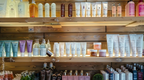 A photo of salon products arranged neatly on shelves. ,