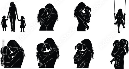 Mother daughter silhouette vector illustration, family bonding artwork, maternal love design, child care concept, parenting connection, emotional affection representation, lifestyle art