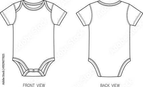 Baby bodysuit technical flat sketch template, infant onesie vector illustration, cad drawing flat vector illustration, bodysuit.
