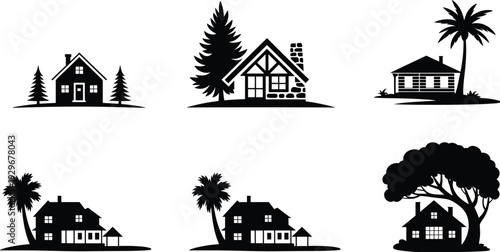 Set of black house silhouettes, mountain cabins and tropical beach villas with palm trees and pines, isolated vector real estate icons