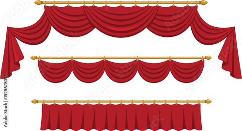 Red luxury curtains and valance set flat vector illustration cad drawing for interior window decoration