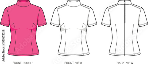 Women mock neck short sleeve shirt fashion technical sketch cad drawing flat vector illustration pack