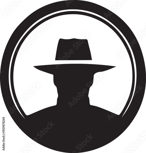 Silhouette of a mysterious person wearing a fedora hat within a circular frame.