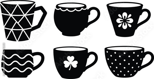Set of black teacup silhouettes with geometric patterns, floral designs, polka dots, and shamrock icons for creative kitchen vector graphic design