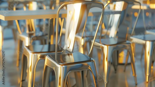 A photo of sleek metal chairs in a modern restaurant.
