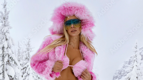 Glamorous blonde model in vibrant pink fur earmuffs hat, faux fur and fluffy boots posing nude in snowy pine forest, winter fashion sensual outdoor portrait