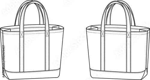 Tote bag fashion technical sketch cad drawing flat vector illustration with front and back views