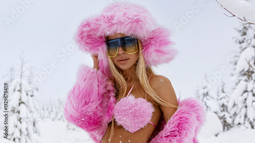 Glamorous blonde model in vibrant pink fur earmuffs hat, faux fur and fluffy boots posing nude in snowy pine forest, winter fashion sensual outdoor portrait