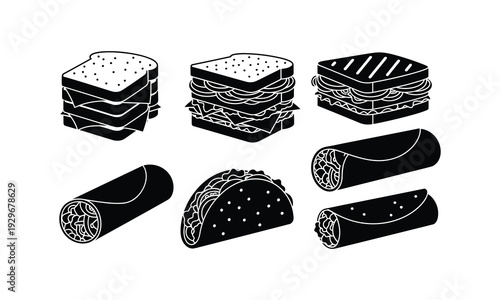 Black and white illustration of sandwiches tacos and rolled food items