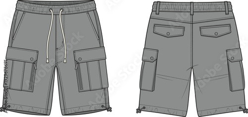Cargo shorts technical sketch, men's grey casual shorts front and back view vector illustration