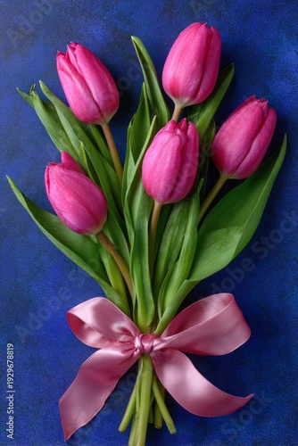 A bouquet of pink tulips is tied with a pink ribbon