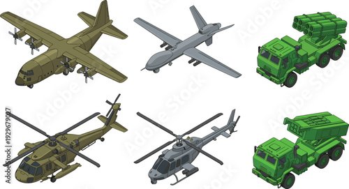 Isometric military vehicles set, cargo plane, drone, rocket launcher truck, and helicopter vector illustration