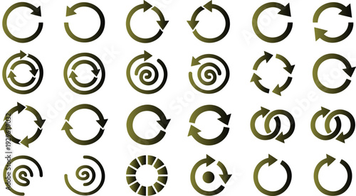 Collection of various circular arrow icons in gold on white background for business and technology concepts  symbols for cycle and rotation