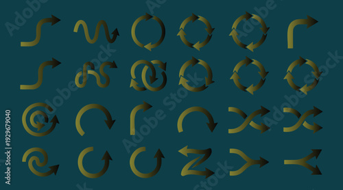 Collection of various curved and bent metallic arrows on dark teal background for design and navigation purposes  for graphic design projects