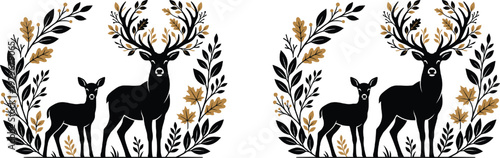 Silhouette of deer and fawn under golden botanical arch, ornate antlers, nature inspired design, elegant artwork, wildlife, vector illustration