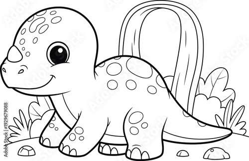 a charming black and white illustration depicts a cute baby dinosaur standing near lush vegetation and rocks high quality professional detailed