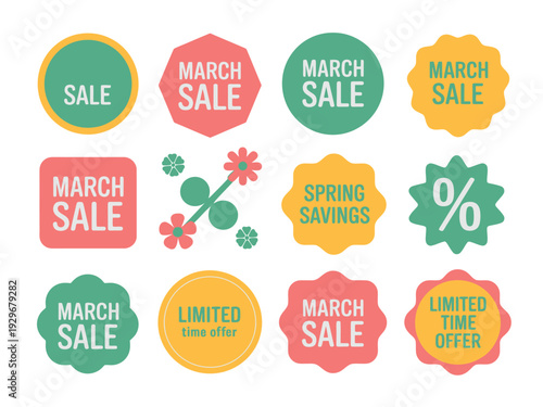 Colorful March Sale Spring Savings Badges and Labels for Discounts and Promotions