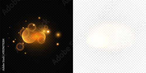 Glowing Golden Star Light Effect with Sparkle Rays and Lens Flare Illumination on Transparent Background