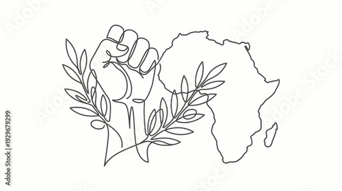Continuous one line drawing of raised fist with olive branch and Africa map, liberation and heritage vector