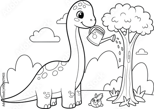 a delightful scene of a friendly brontosaurus carefully watering a tree while a cute bunny watches nearby in a charming illustration