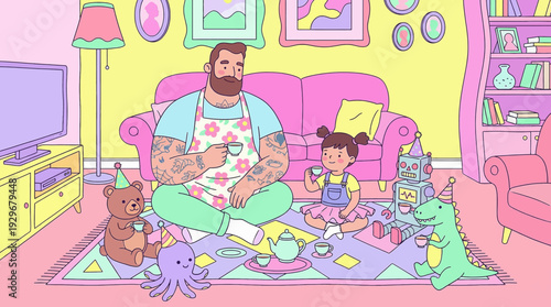 Modern tattooed father having a pretend tea party with little daughter and toys, breaking gender stereotypes vector