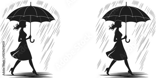 Woman walking in rain with umbrella silhouette, feminine figure in dress and high heels, stormy weather autumn season vector illustration,