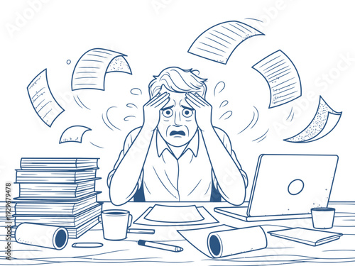 Stressed businessman overwhelmed with paperwork and deadlines at office desk with laptop