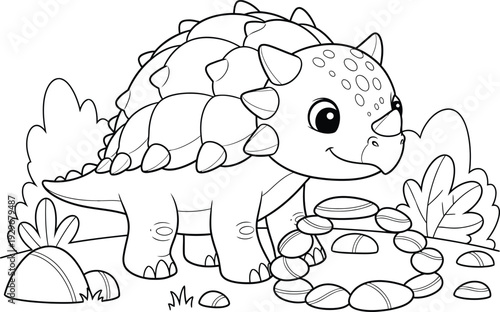 a charming black and white illustration depicts a cute ankylosaurus dinosaur standing amidst leafy plants and scattered pebbles high quality professional