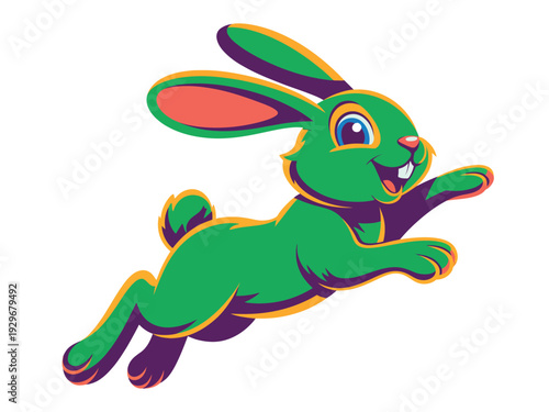 Colorful cartoon green rabbit jumping happily with big ears and purple accents