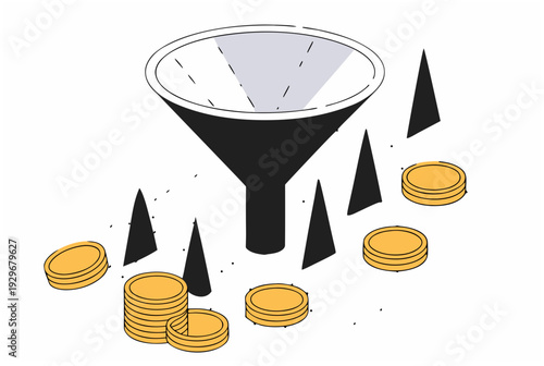 Funnel with gold coins, financial growth and data filtering concept for fintech, AI agent, business vector illustration