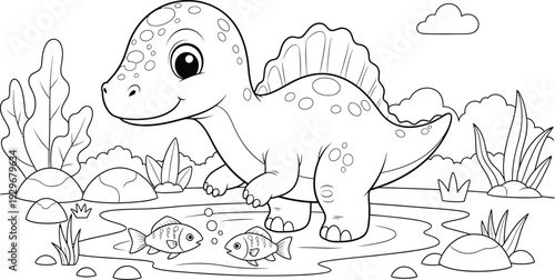 a charming black and white illustration depicts a cute spined dinosaur fish plants and clouds creating a delightful scene high quality